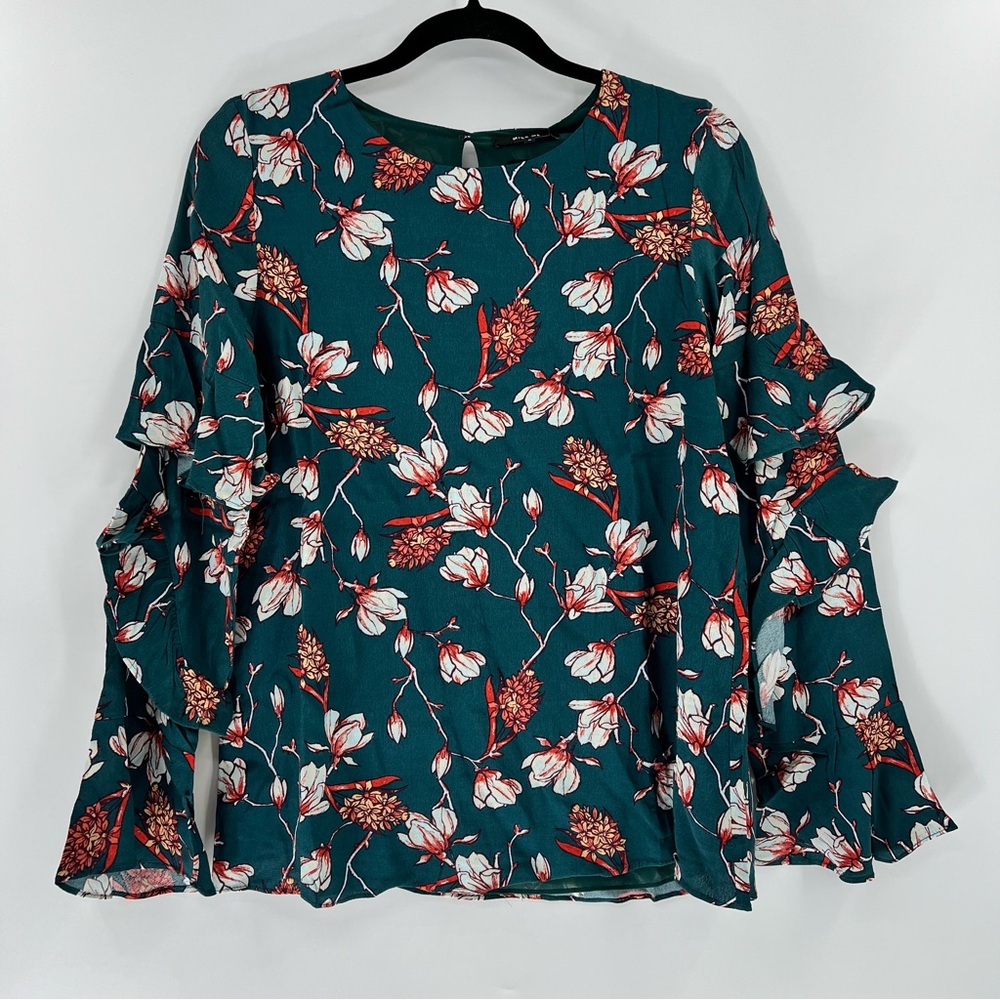 Miss Me Womens Small Teal Floral Ruffle Sleeve Blouse NWT Boho Keyhole